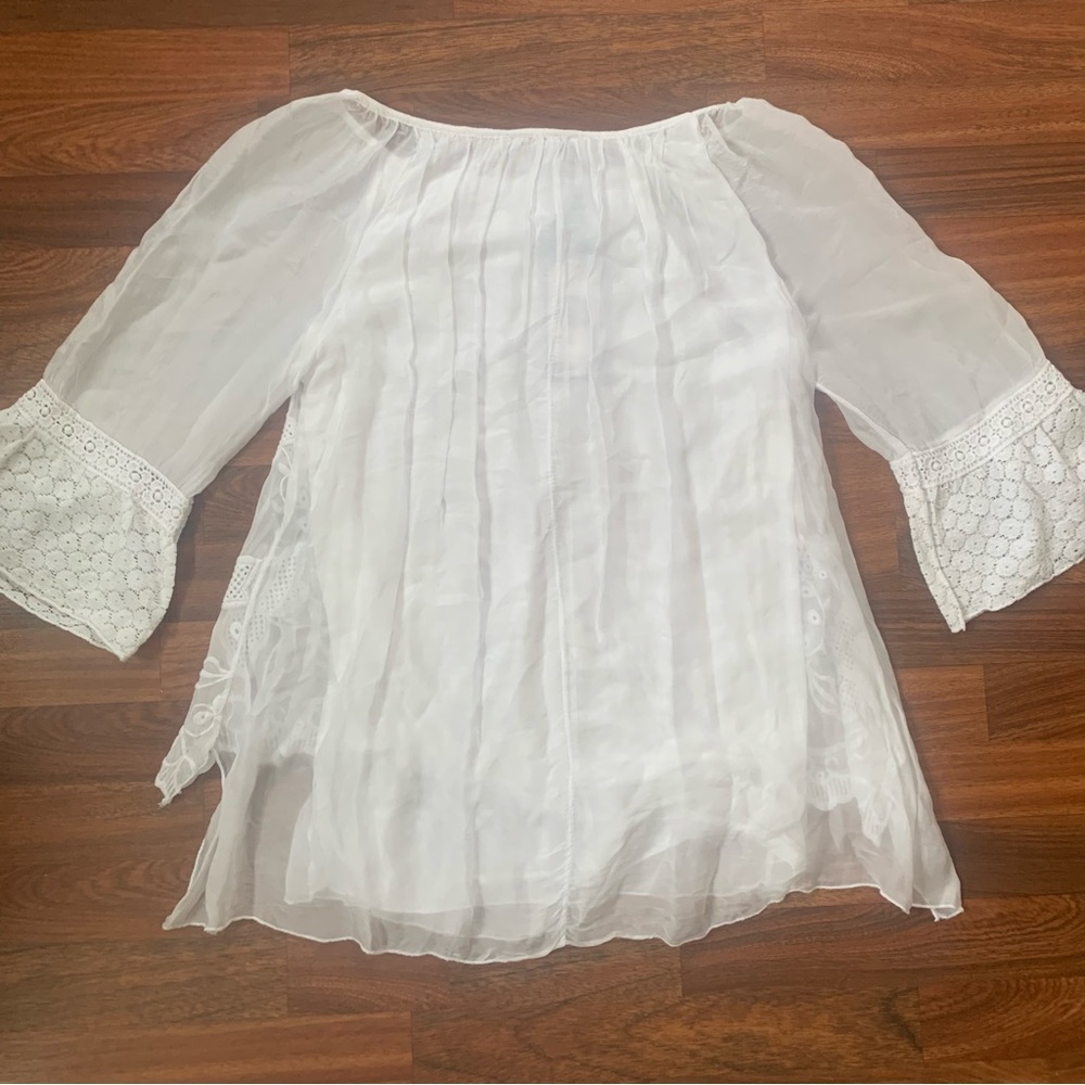 Tempo Paris New White Embroidered Silk Tunic Blouse Women’s 12 Layered Flowy - Picture 7 of 8